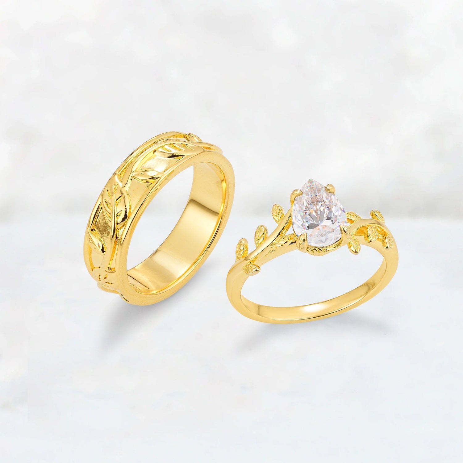 Pear Cut Moissanite Branch & Leaf His and Hers Wedding Ring Set