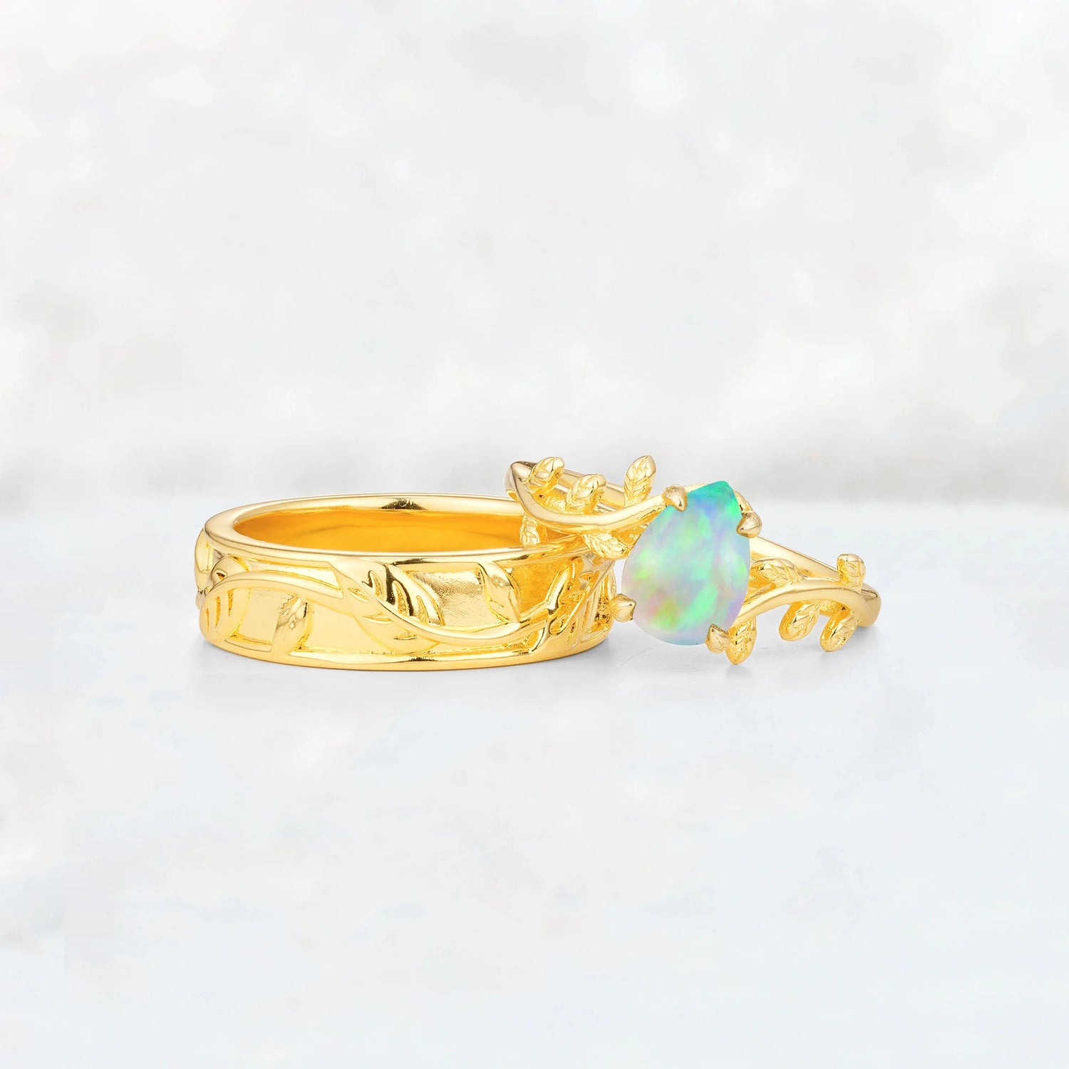 Pear Cut Opal Branch & Leaf His and Hers Couple Ring
