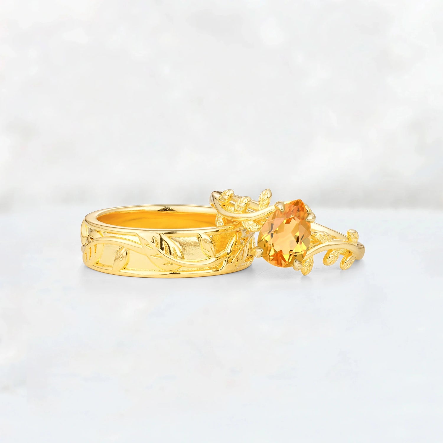 Pear Cut Citrine Branch & Leaf His and Hers Couple Ring
