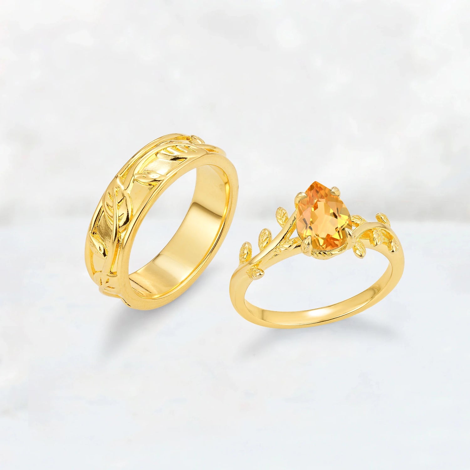 Pear Cut Citrine Branch & Leaf His and Hers Couple Ring