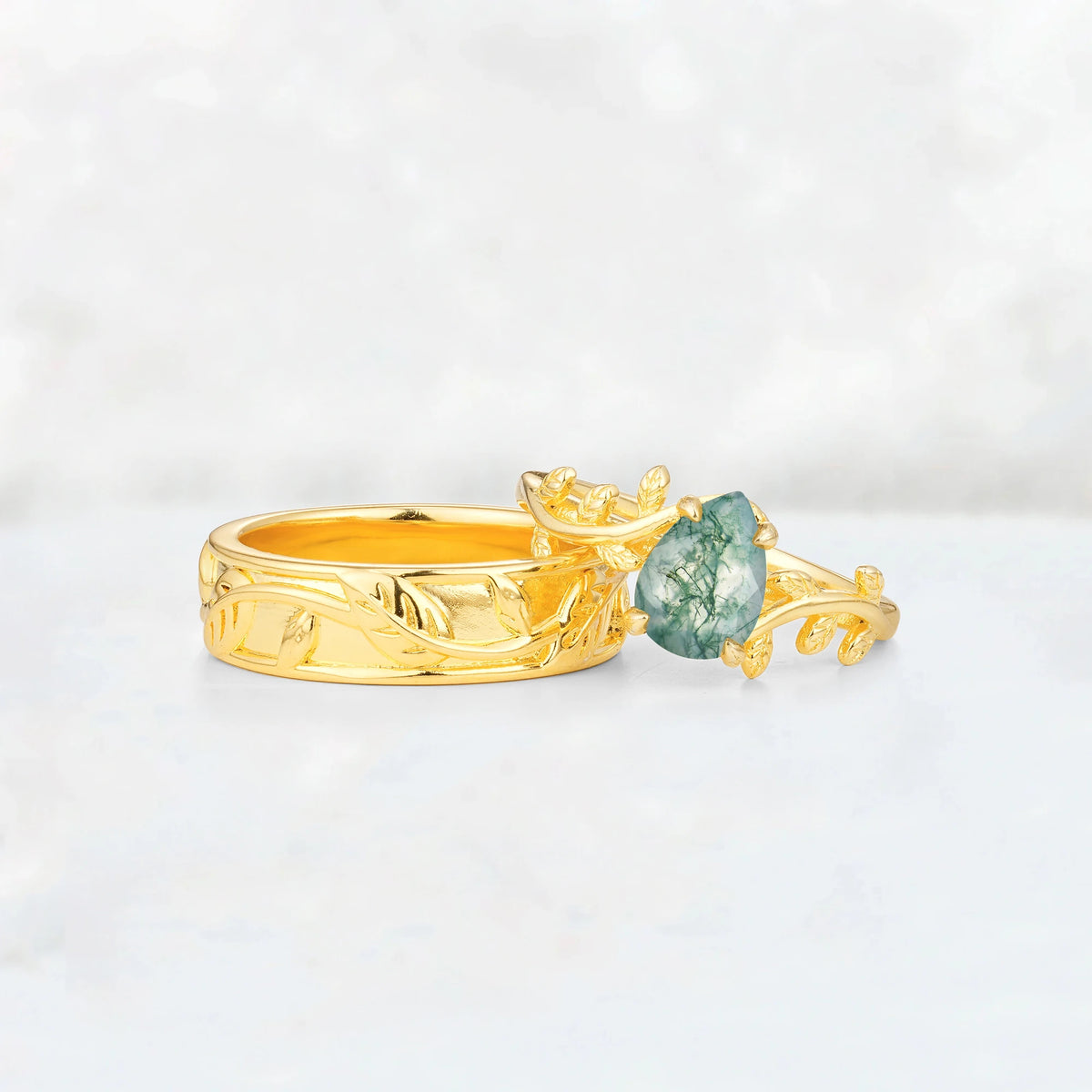 Pear Cut Moss Agate Branch & Leaf His and Hers Couple Ring