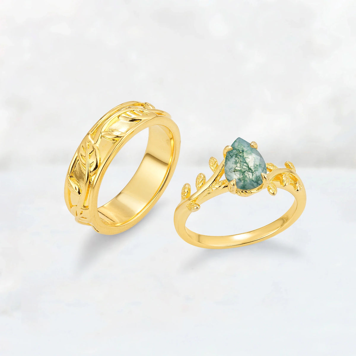 Pear Cut Moss Agate Branch & Leaf His and Hers Couple Ring