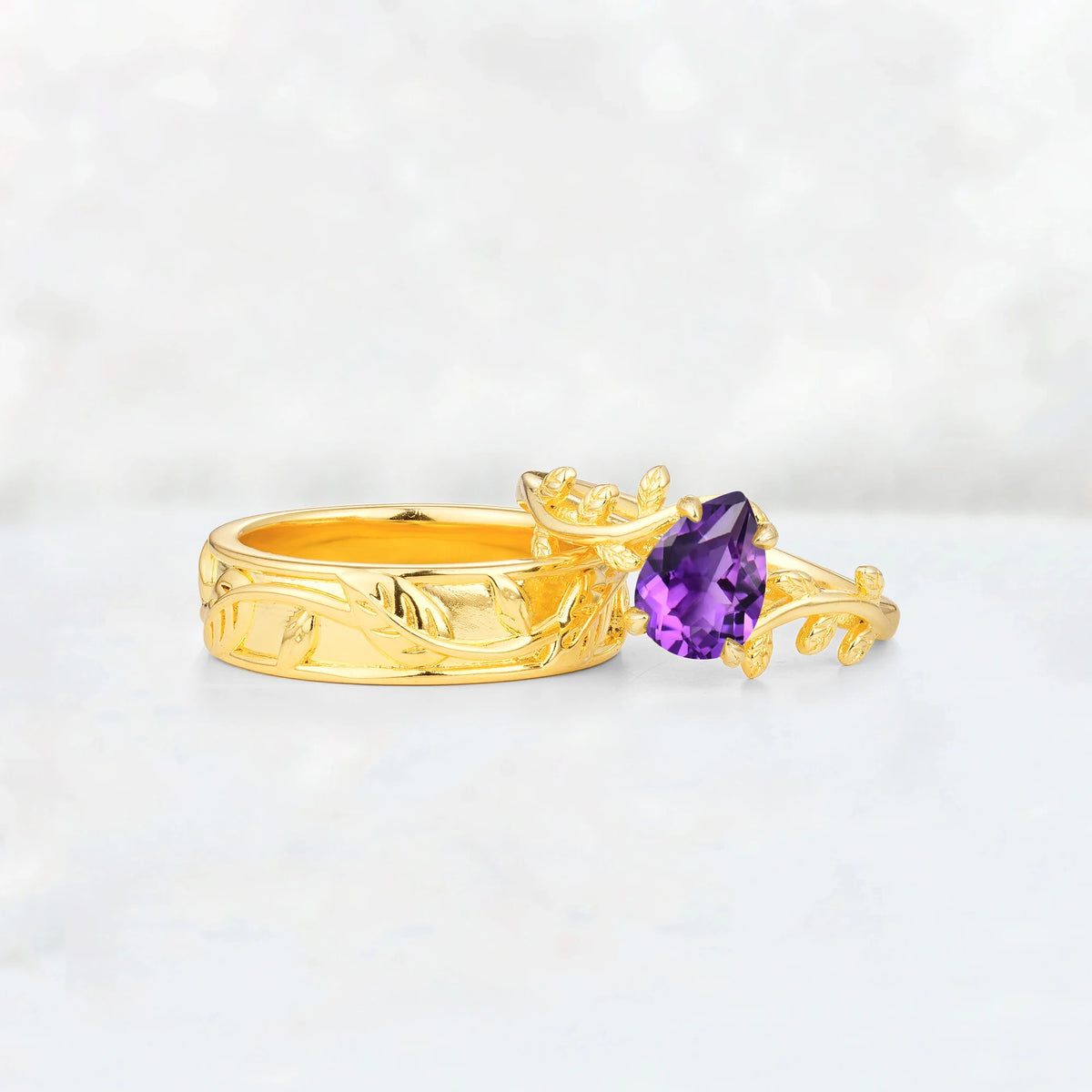 Pear Cut Amethyst Branch & Leaf His and Hers Couple Ring