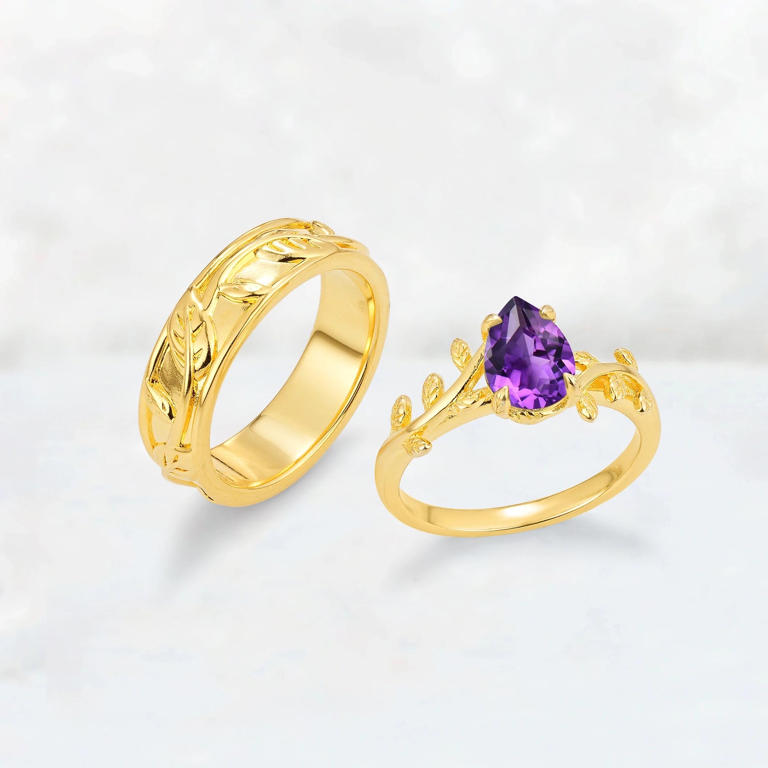 Pear Cut Amethyst Branch & Leaf His and Hers Couple Ring