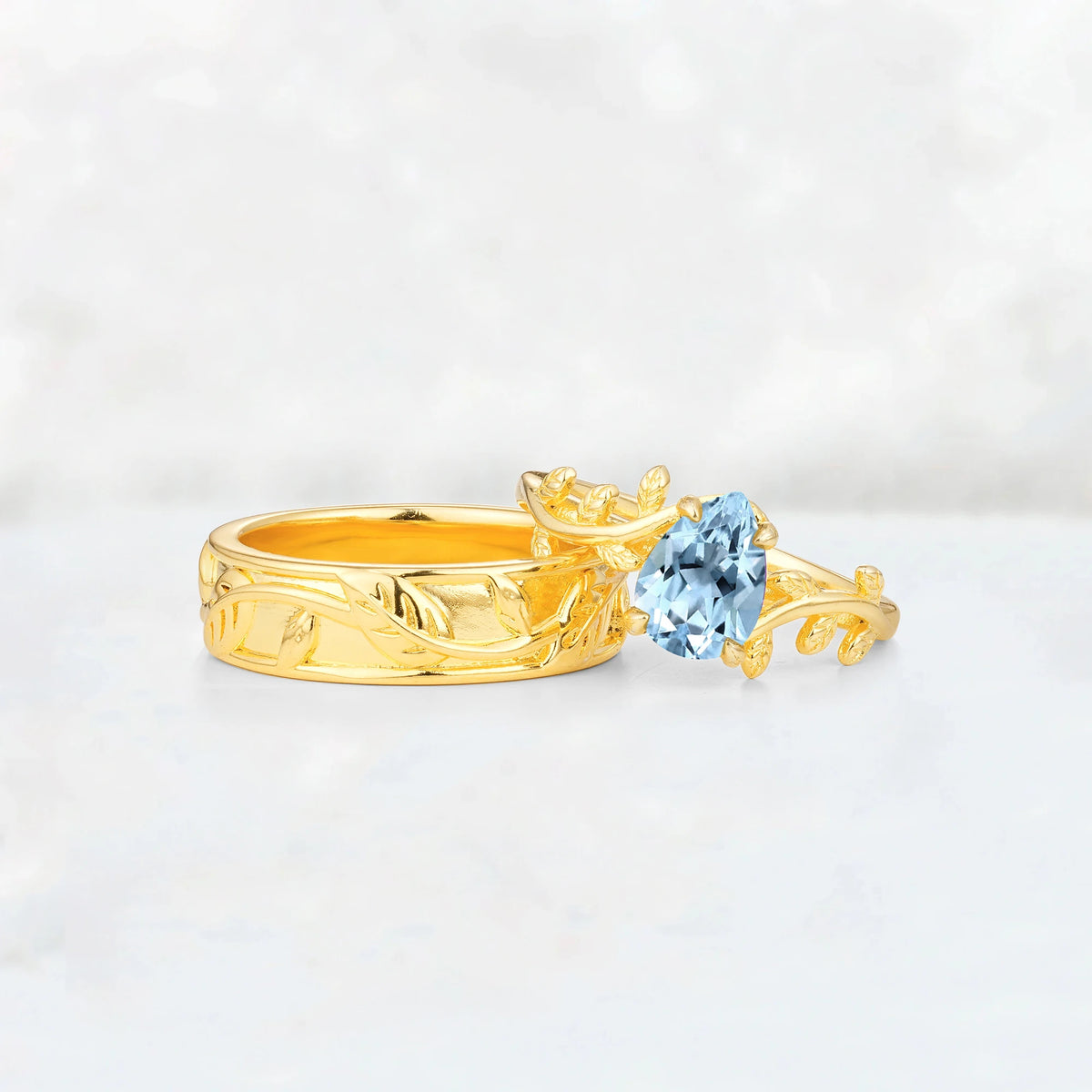 Pear Cut Aquamarine Branch & Leaf His and Hers Couple Ring