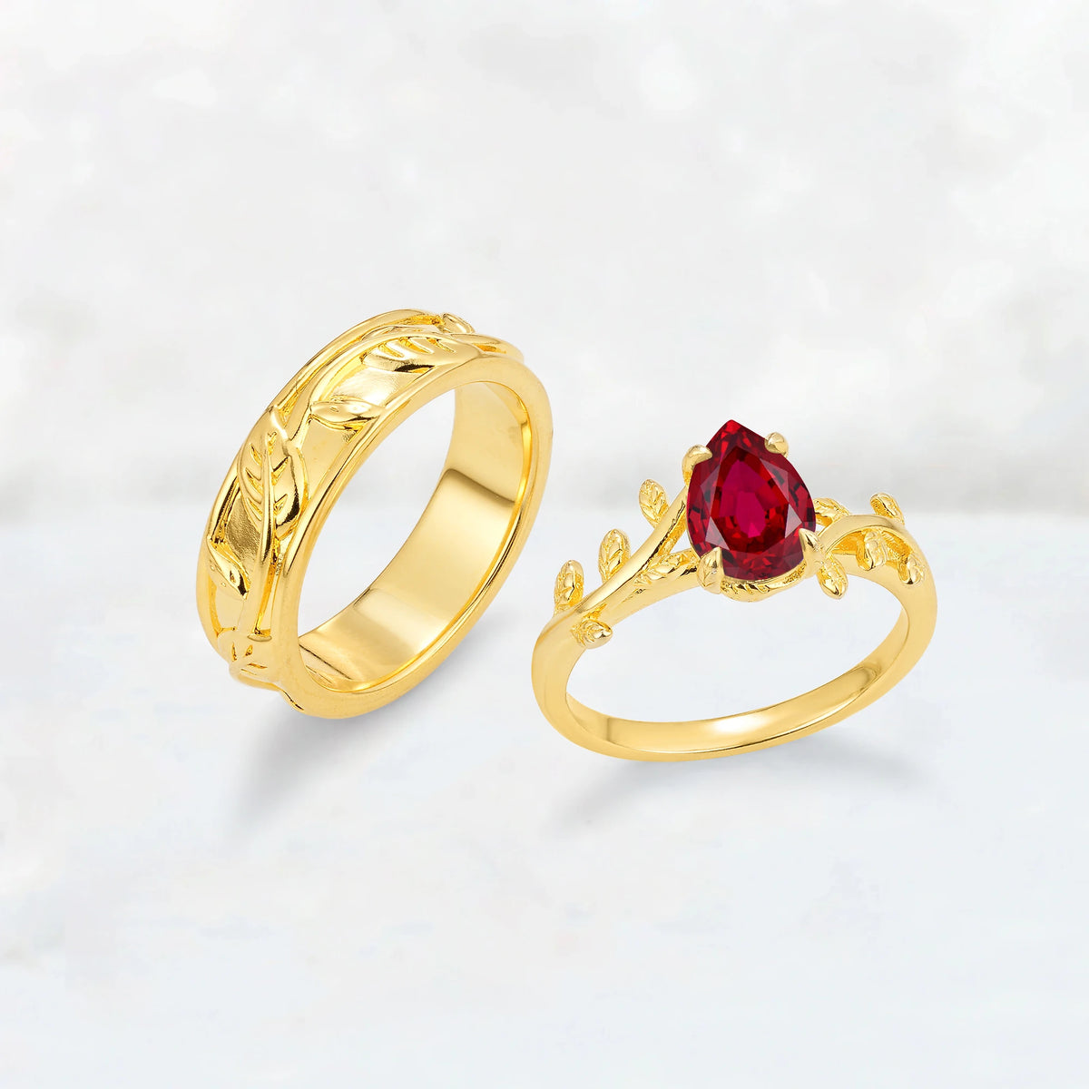 Pear Cut Ruby Branch & Leaf His and Hers Couple Ring
