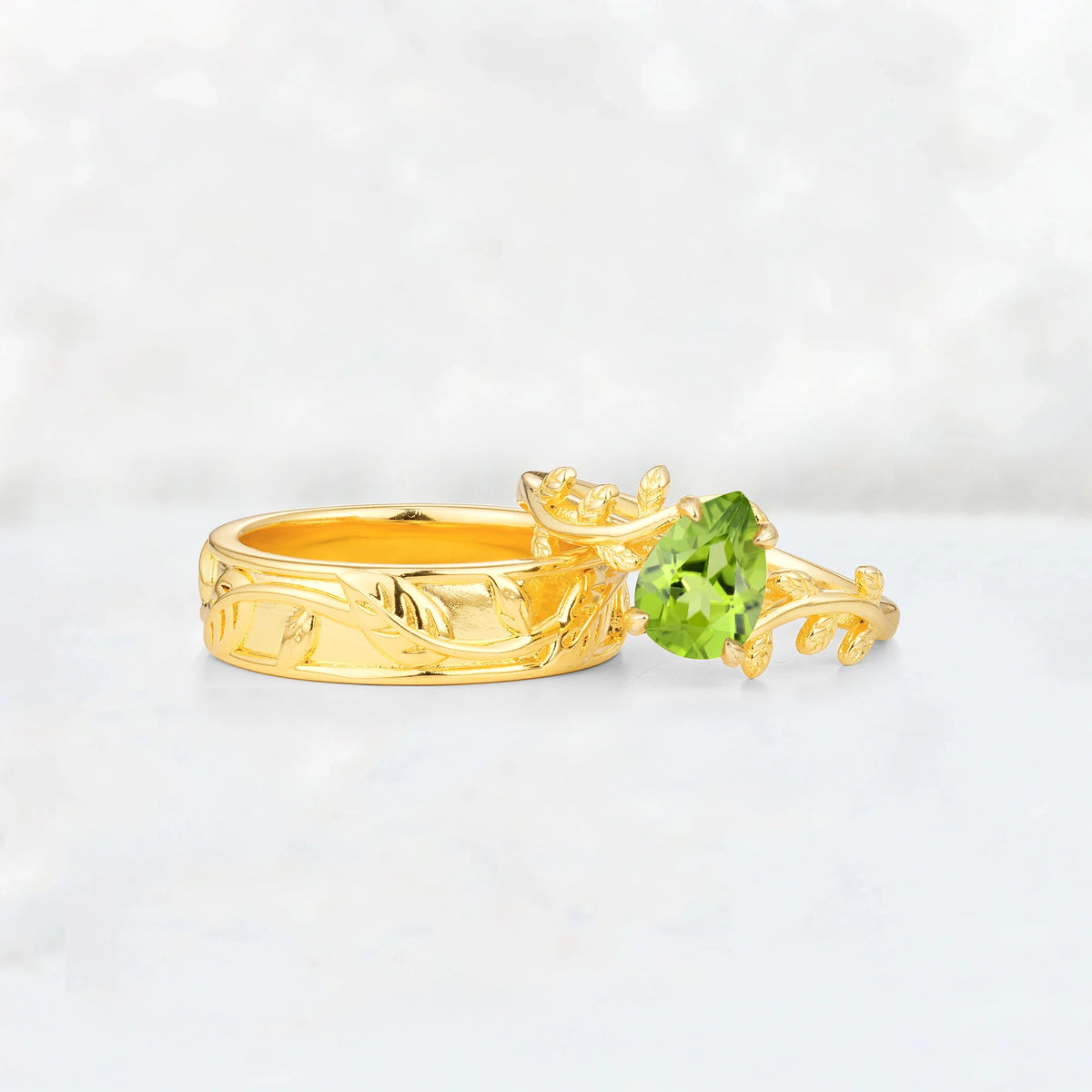 Pear Cut Peridot Branch & Leaf His and Hers Couple Ring