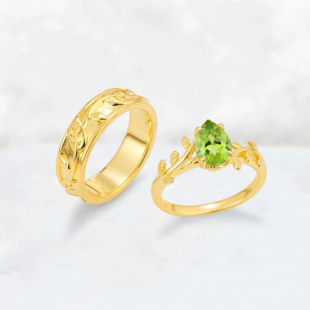 Pear Cut Peridot Branch & Leaf His and Hers Couple Ring