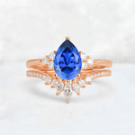 Pear Cut Sapphire Floral Chevron Bridal Ring Set - Additional view