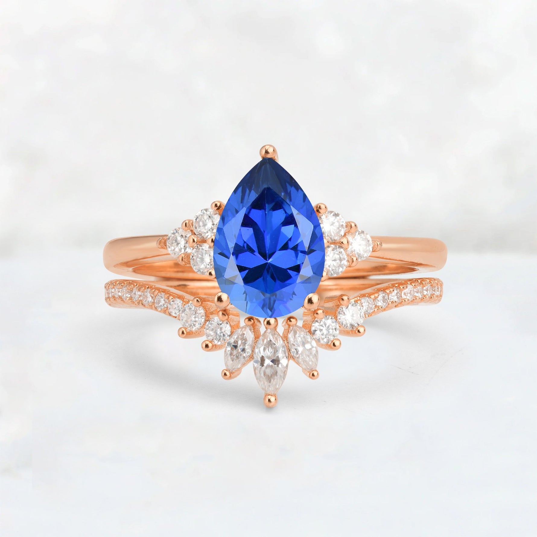 Pear Cut Sapphire Floral Chevron Bridal Ring Set - Additional view