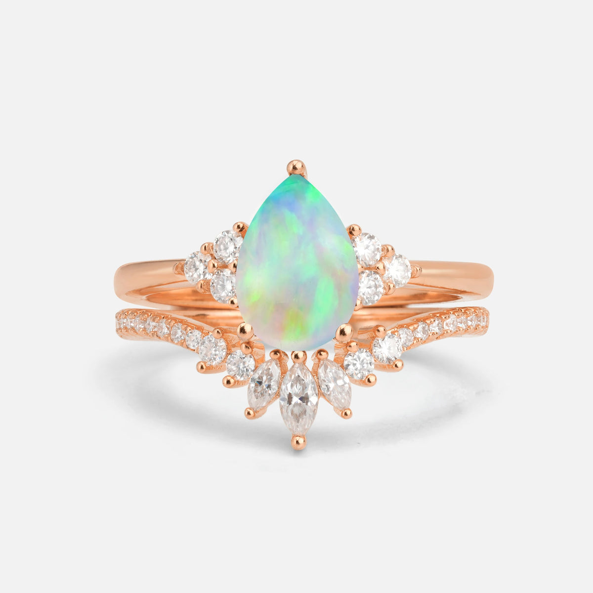 Pear Cut Fire Opal Floral Chevron Bridal Ring Set - Additional view