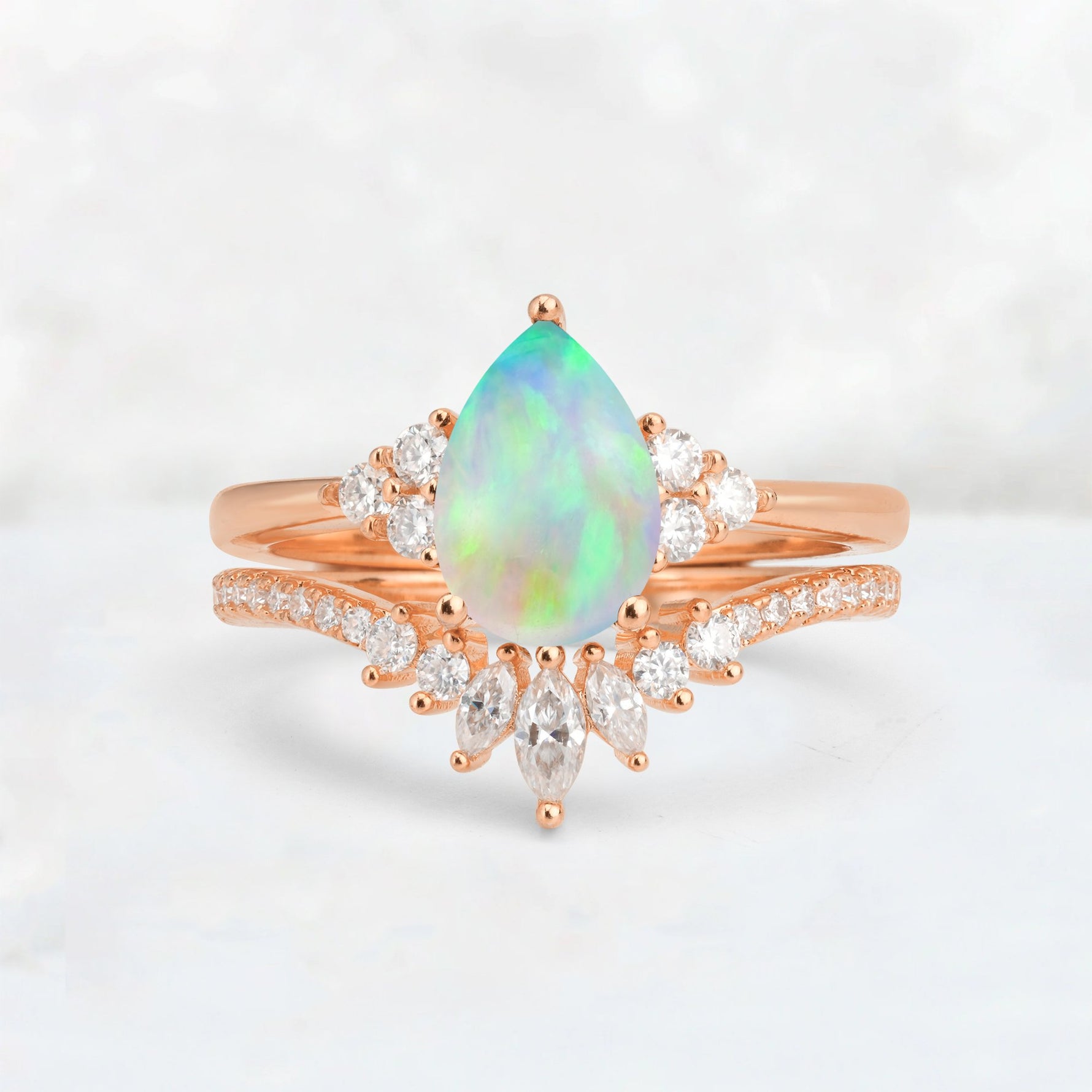 Pear Cut Fire Opal Floral Chevron Bridal Ring Set - Additional view