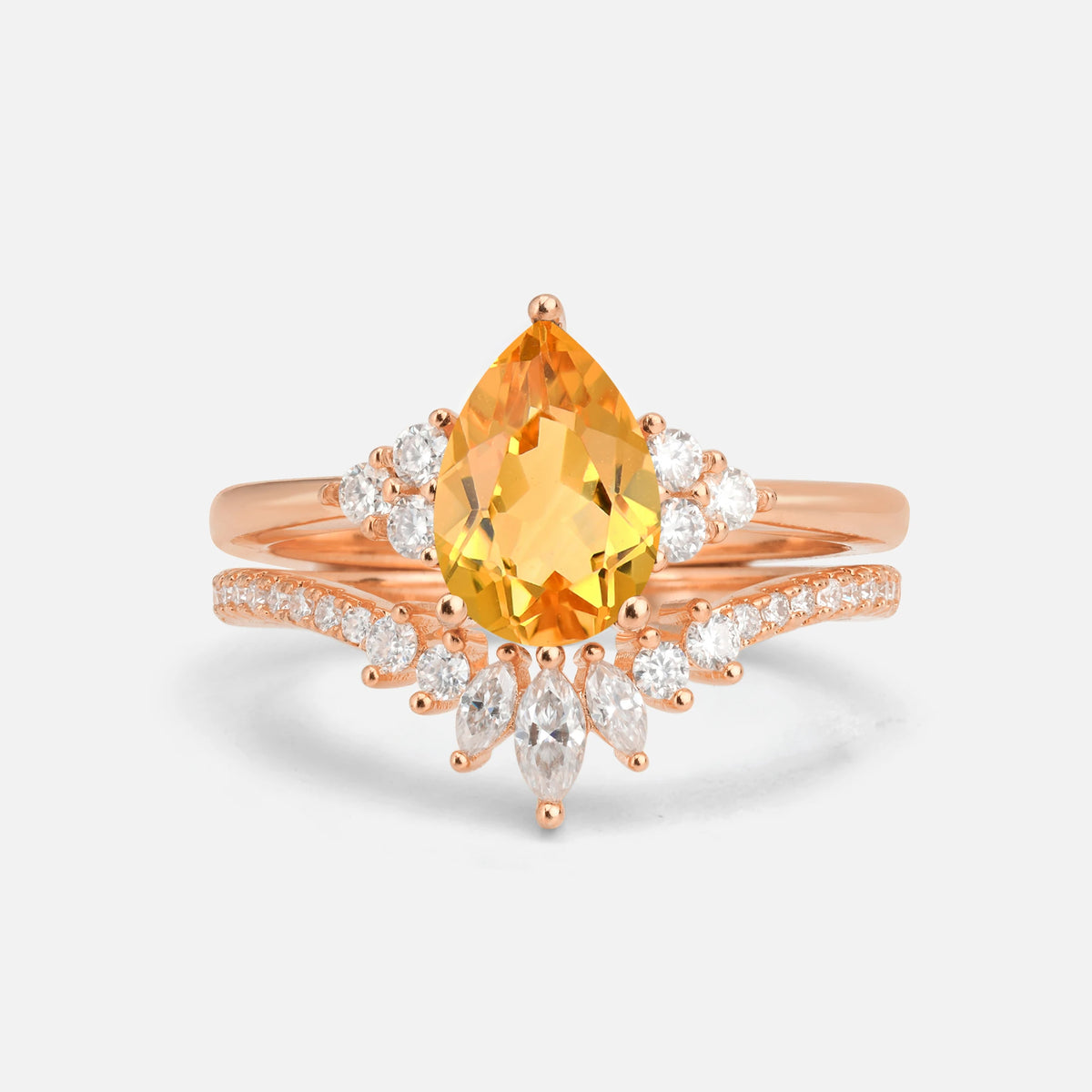 Pear Cut Citrine Floral Chevron Bridal Ring Set - Additional view
