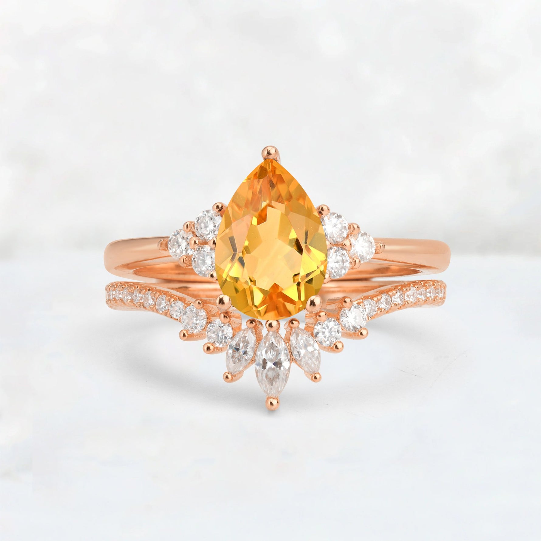 Pear Cut Citrine Floral Chevron Bridal Ring Set - Additional view