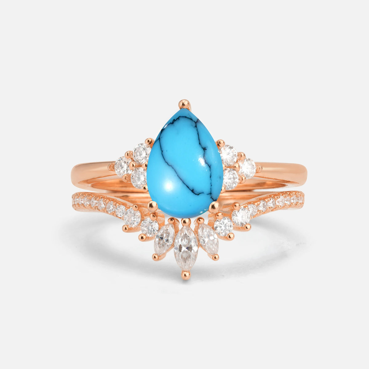 Pear Cut Turquoise Floral Chevron Bridal Ring Set - Additional view