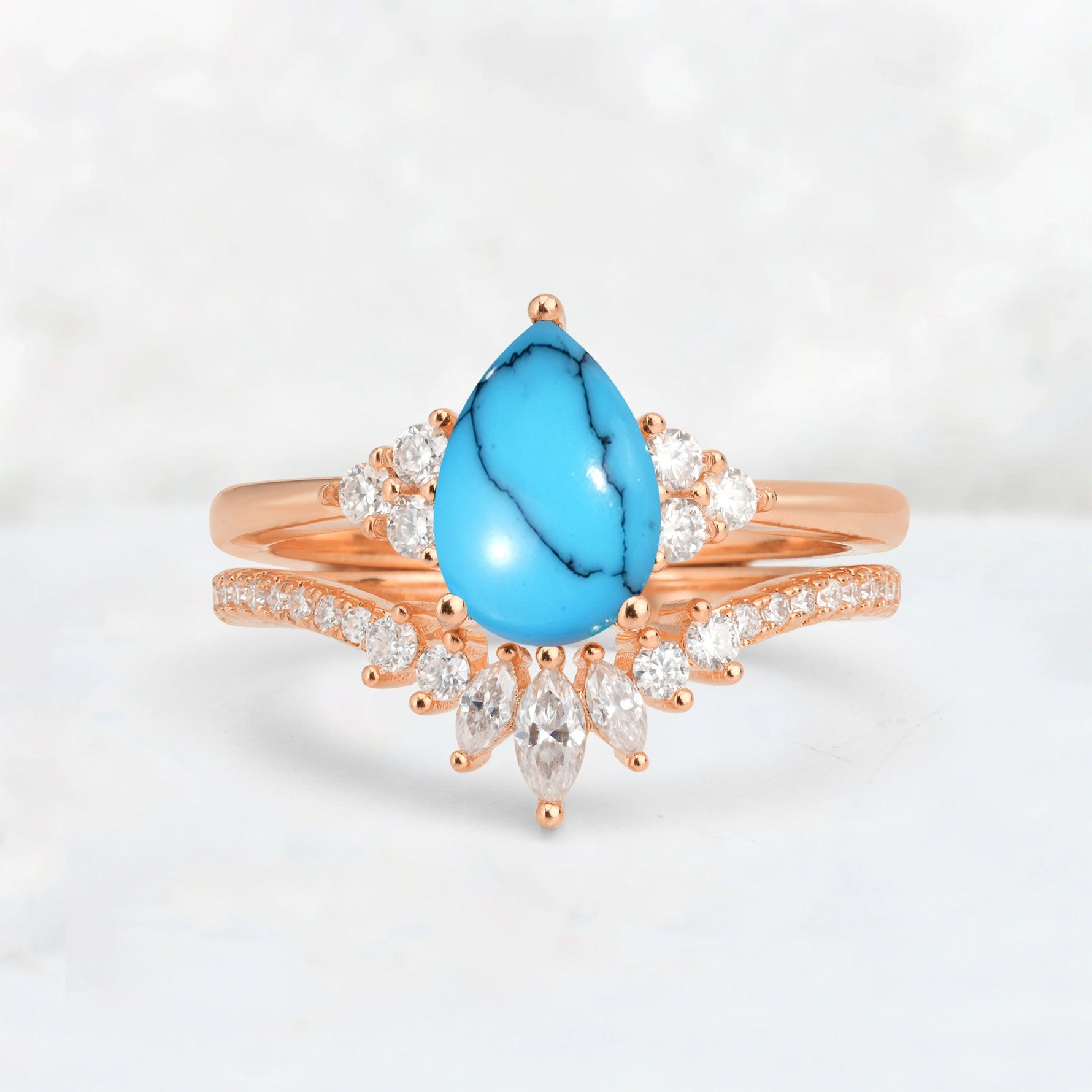 Pear Cut Turquoise Floral Chevron Bridal Ring Set - Additional view