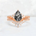 Pear Cut Black Rutilated Quartz Floral Chevron Bridal Ring Set - Additional view