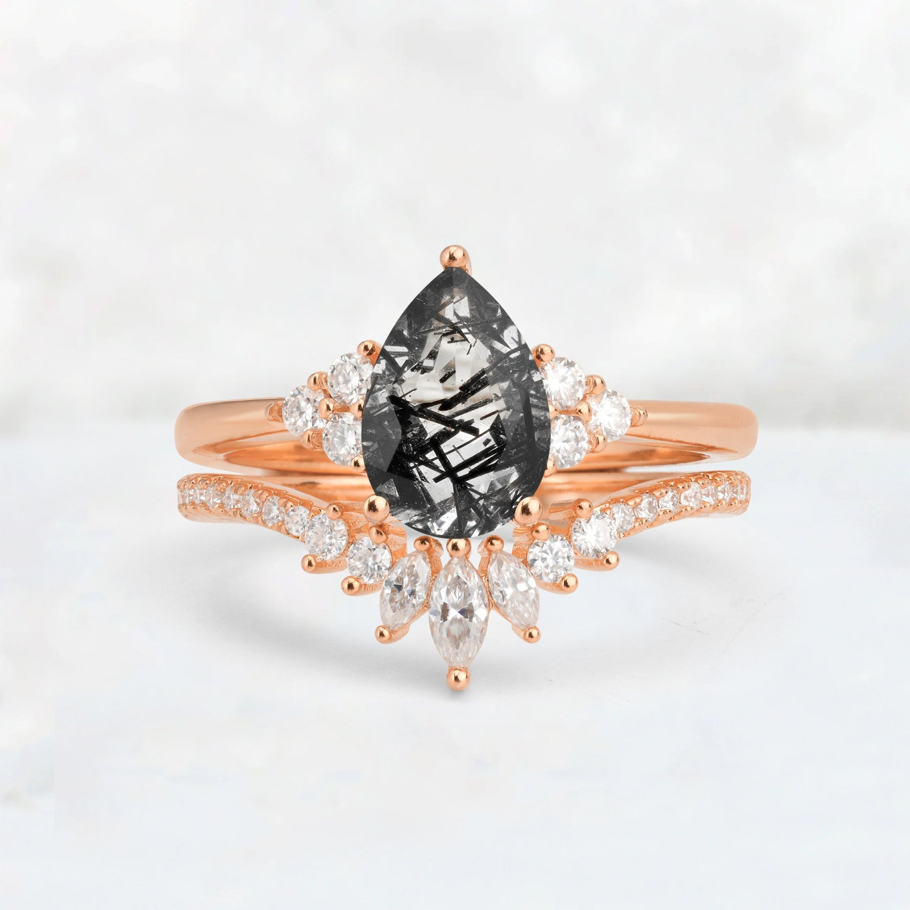 Pear Cut Black Rutilated Quartz Floral Chevron Bridal Ring Set - Additional view
