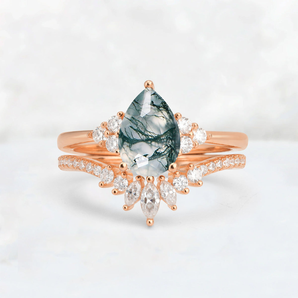 Pear Cut Moss Agate Floral Chevron Bridal Ring Set - Additional view