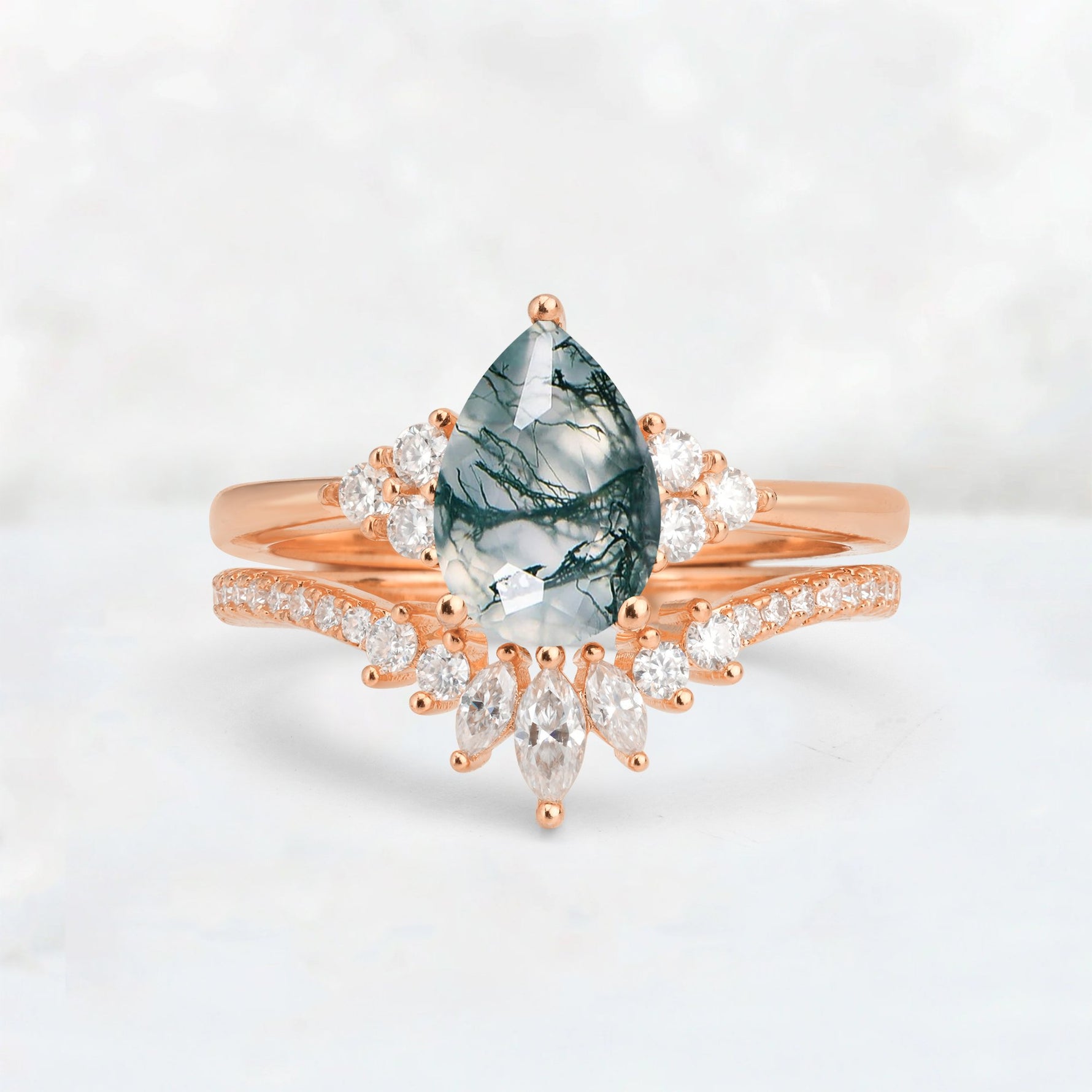 Pear Cut Moss Agate Floral Chevron Bridal Ring Set - Additional view