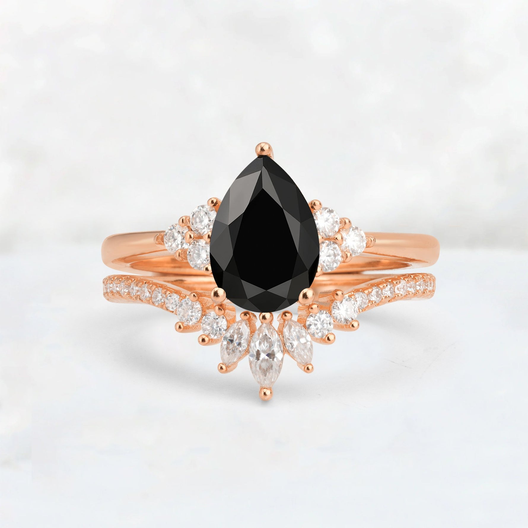 Pear Cut Black Onyx Floral Chevron Bridal Ring Set - Additional view