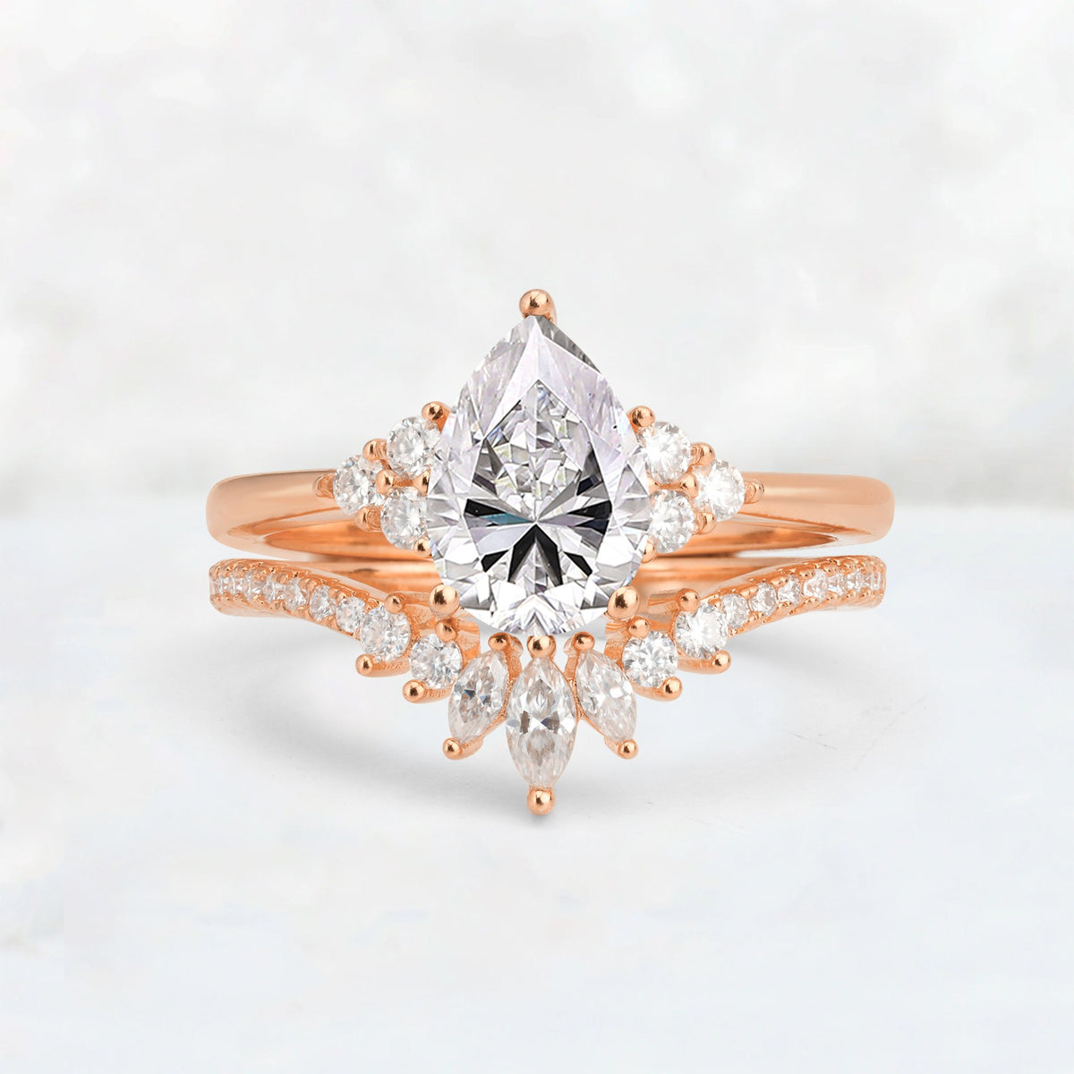 Pear Cut Lab Diamond Floral Chevron Bridal Ring Set - Additional view