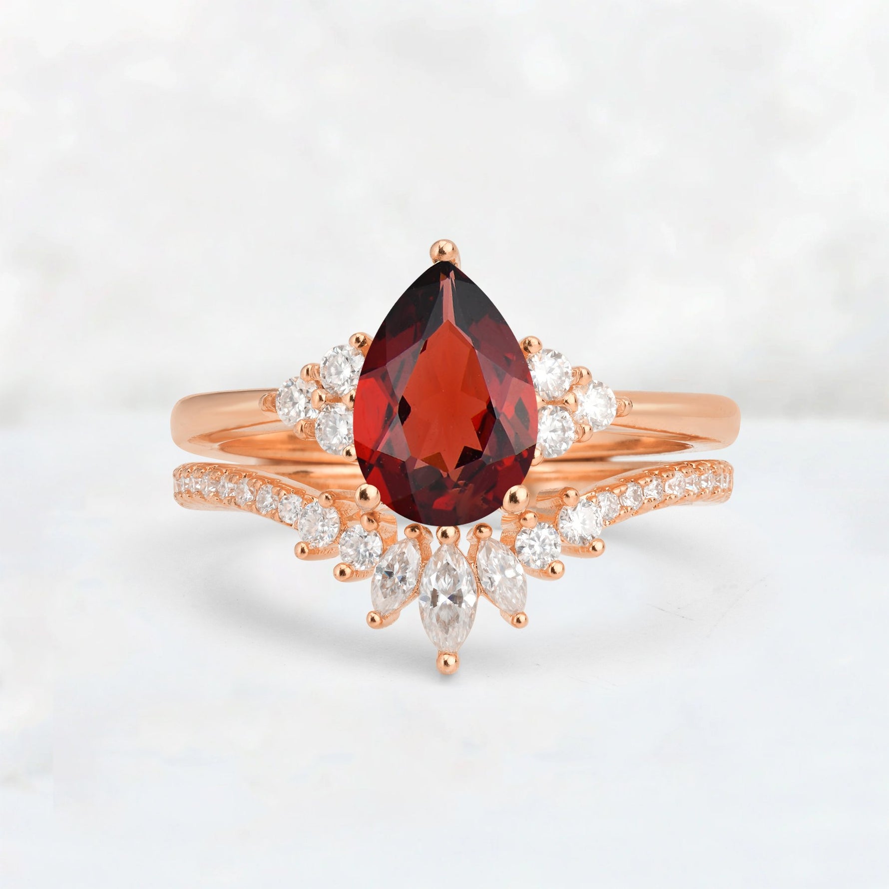 Pear Cut Garnet Floral Chevron Bridal Ring Set - Additional view