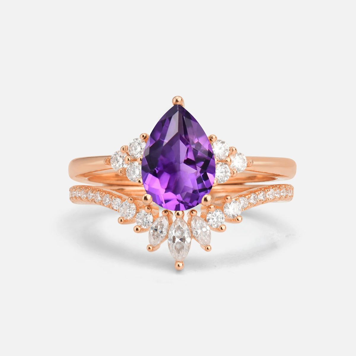 Pear Cut Amethyst Floral Chevron Bridal Ring Set - Additional view
