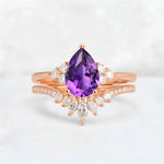Pear Cut Amethyst Floral Chevron Bridal Ring Set - Additional view
