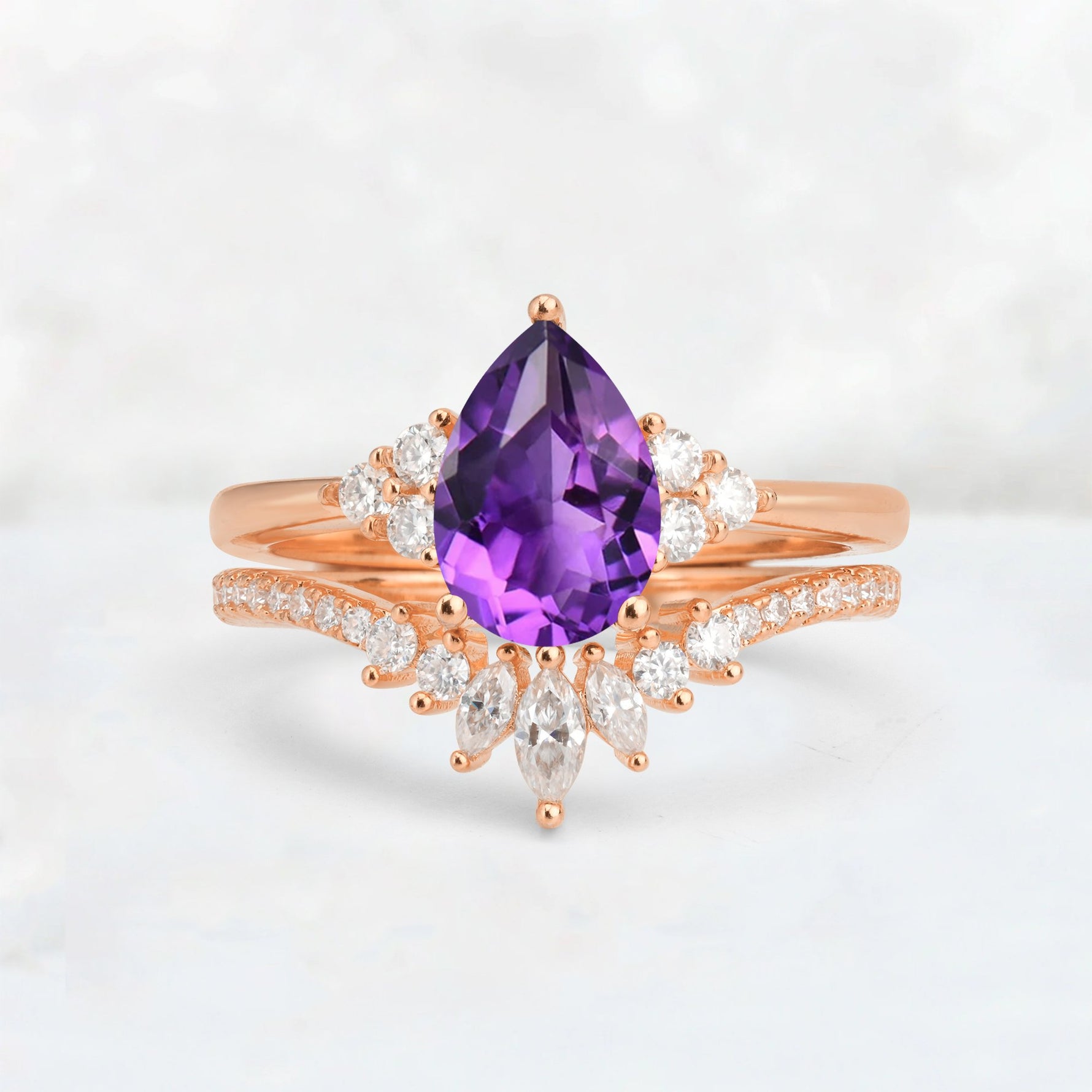 Pear Cut Amethyst Floral Chevron Bridal Ring Set - Additional view