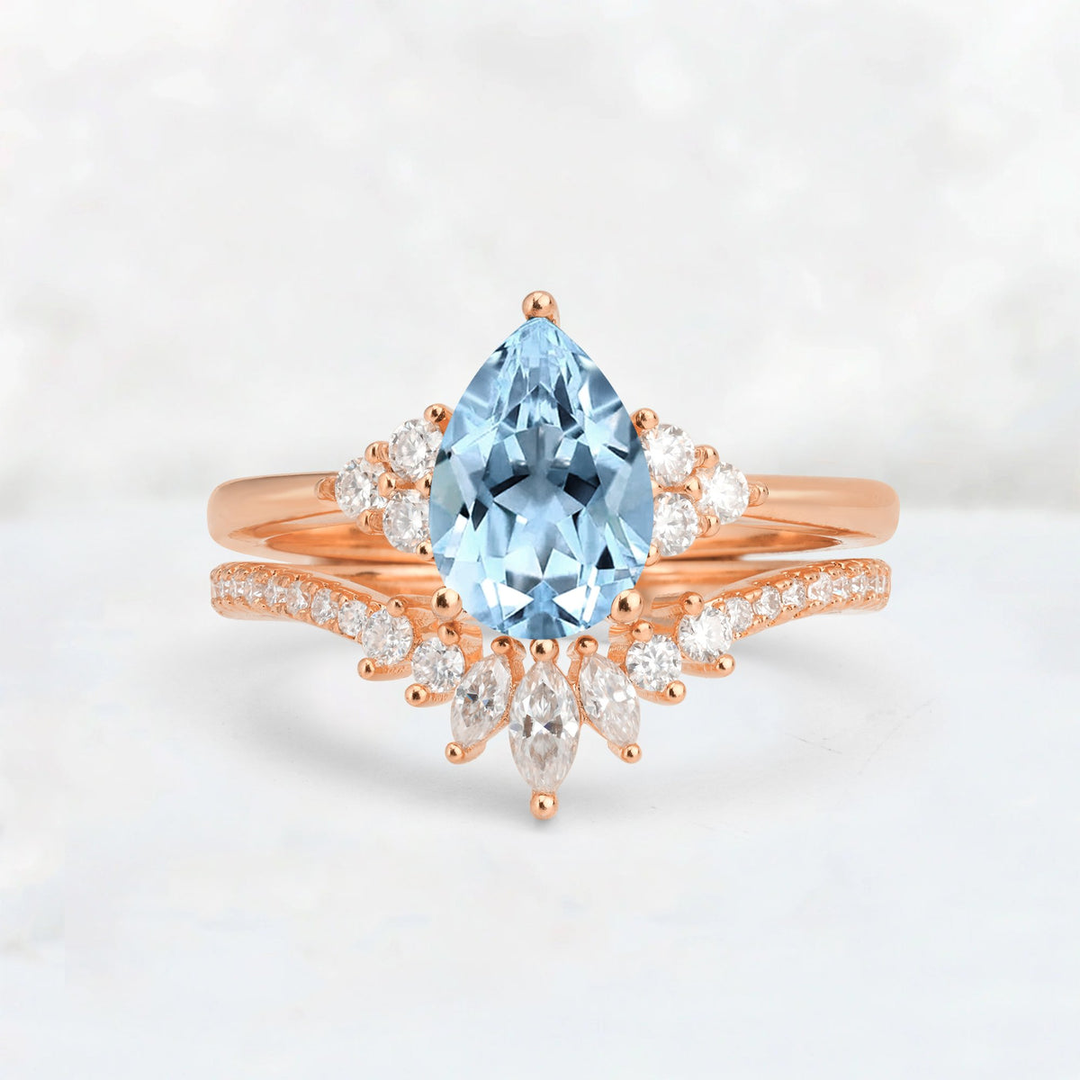 Pear Cut Aquamarine Floral Chevron Bridal Ring Set - Additional view
