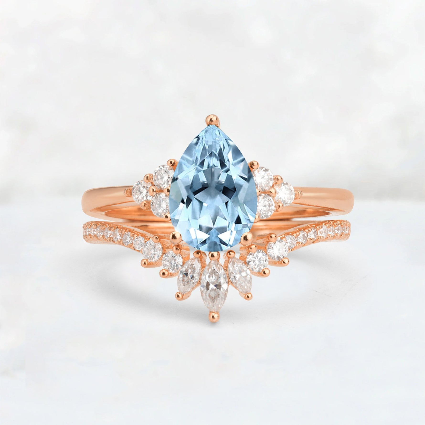 Pear Cut Aquamarine Floral Chevron Bridal Ring Set - Additional view