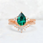 Pear Cut Emerald Floral Chevron Bridal Ring Set - Additional view