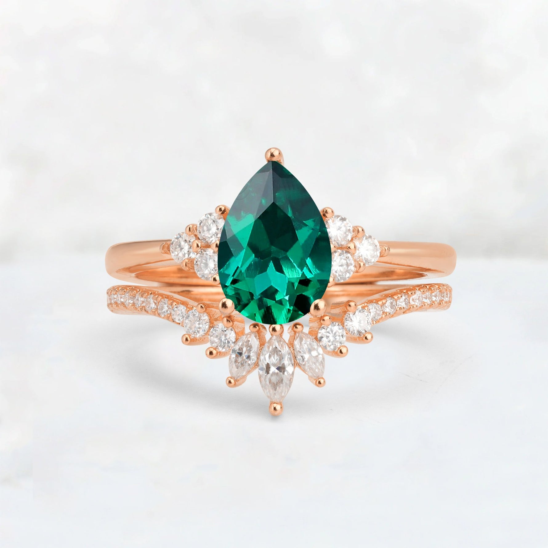 Pear Cut Emerald Floral Chevron Bridal Ring Set - Additional view
