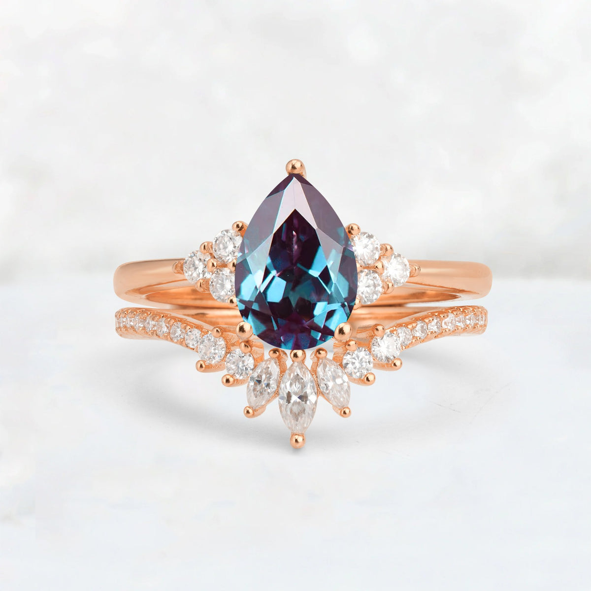 Pear Cut Alexandrite Floral Chevron Bridal Ring Set - Additional view
