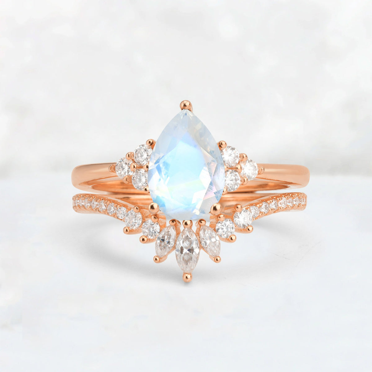 Pear Cut Moonstone Floral Chevron Bridal Ring Set - Additional view