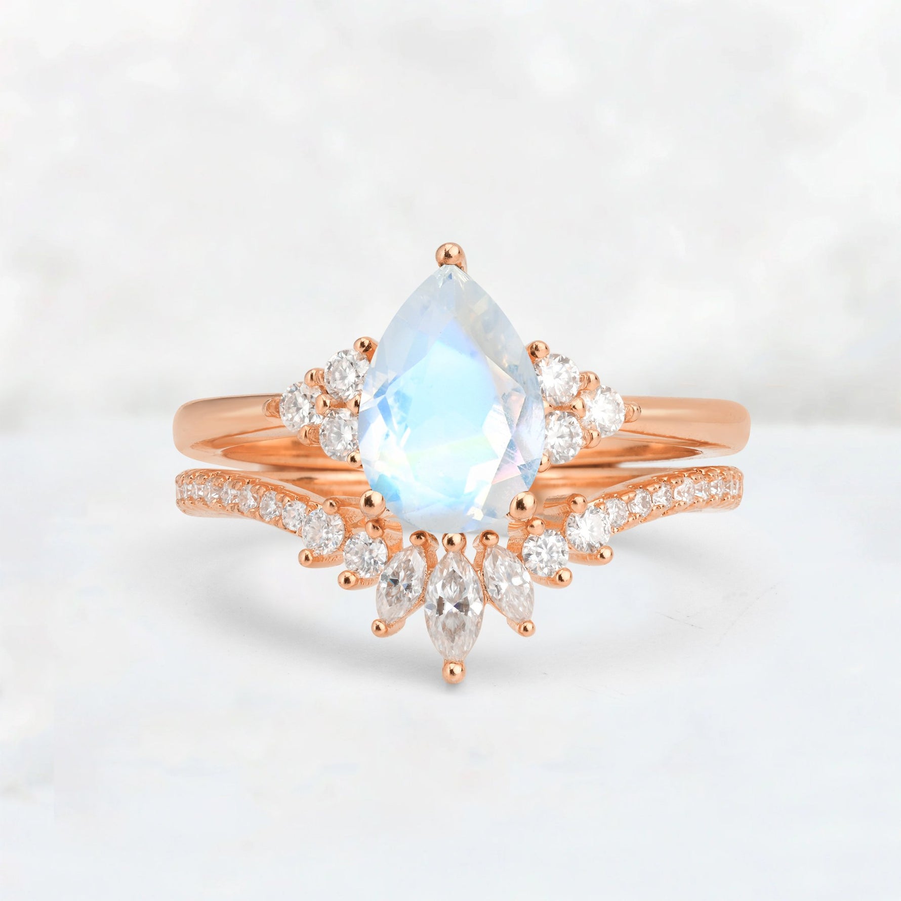 Pear Cut Moonstone Floral Chevron Bridal Ring Set - Additional view