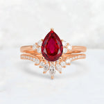Pear Cut Ruby Floral Chevron Bridal Ring Set - Additional view