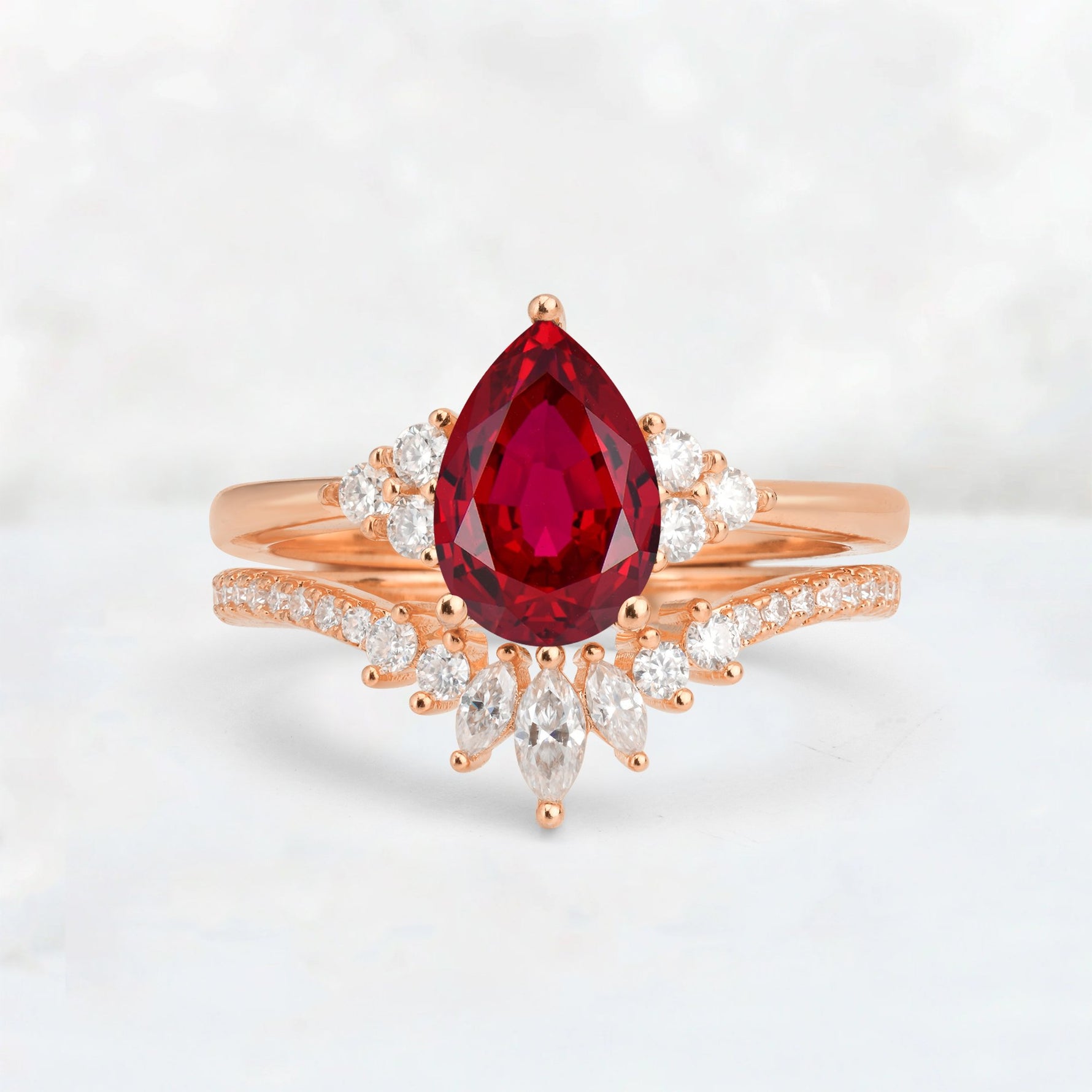 Pear Cut Ruby Floral Chevron Bridal Ring Set - Additional view