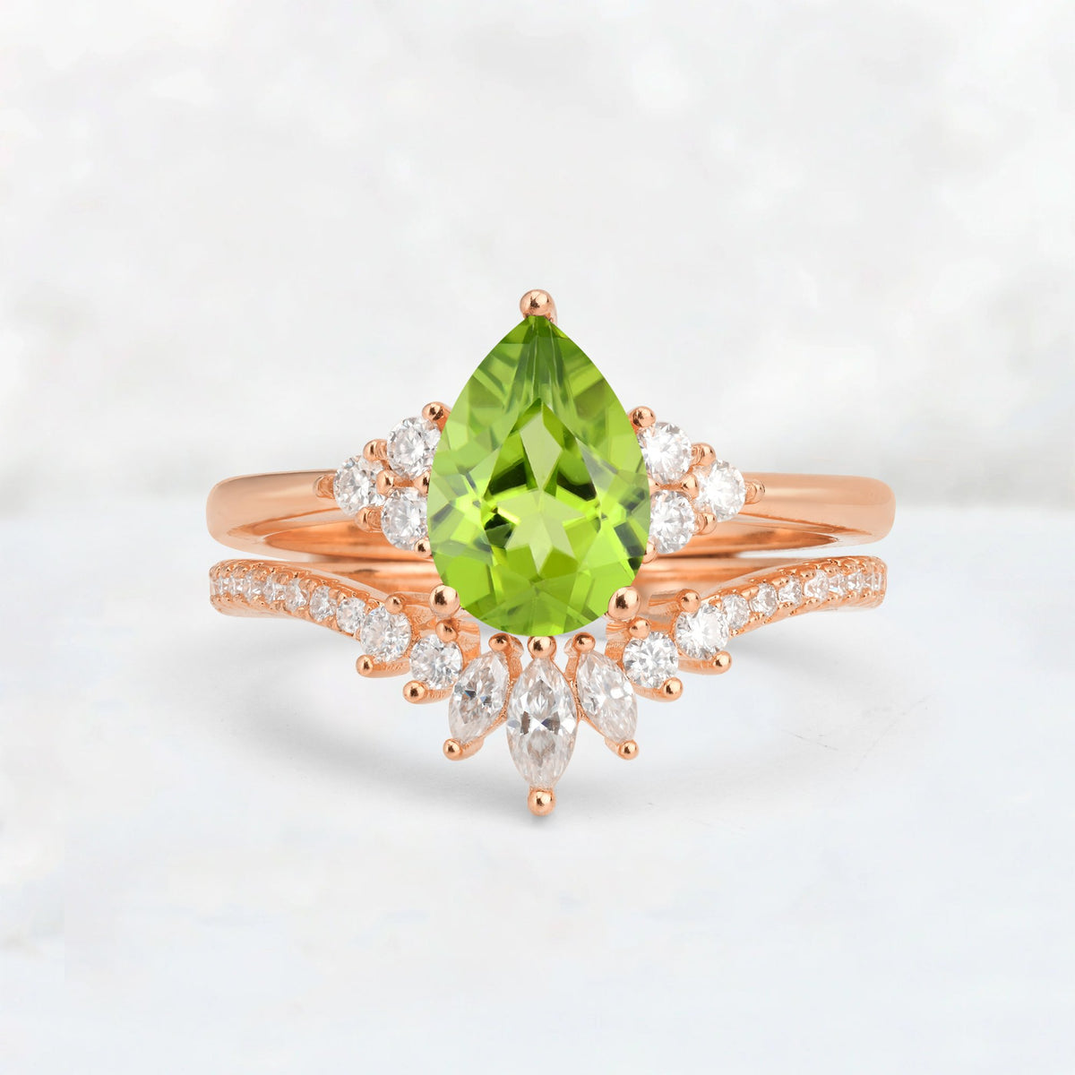 Pear Cut Peridot Floral Chevron Bridal Ring Set - Additional view