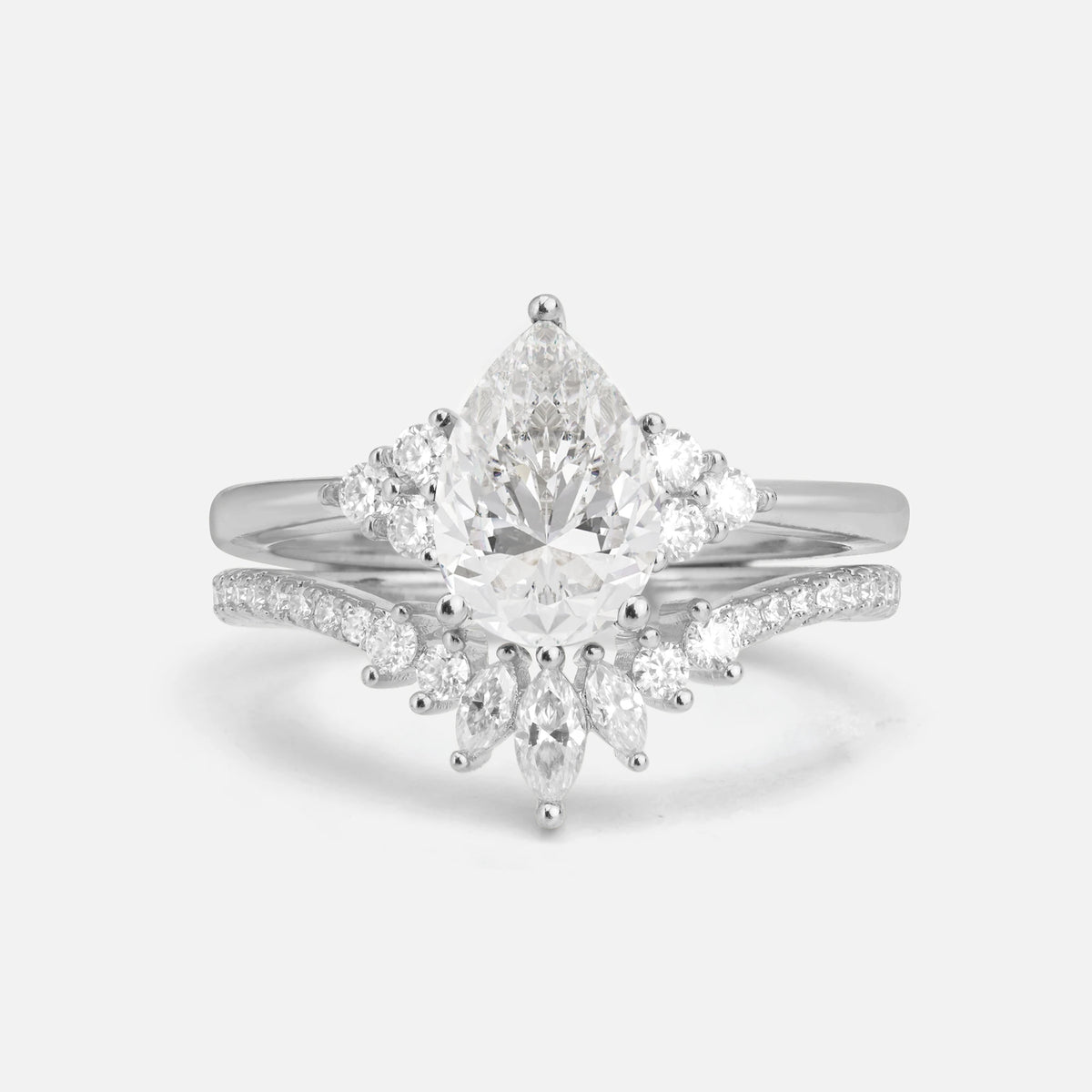 Pear Cut Moissanite Floral Chevron Bridal Ring Set - Additional view