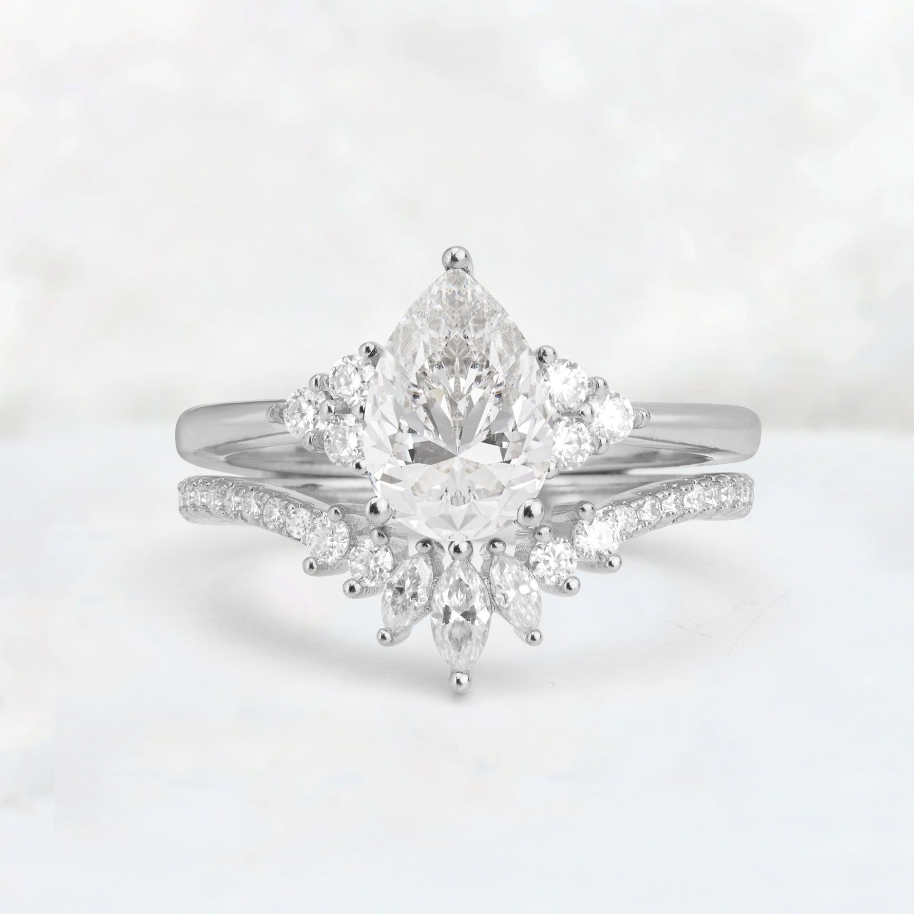 Pear Cut Moissanite Floral Chevron Bridal Ring Set - Additional view