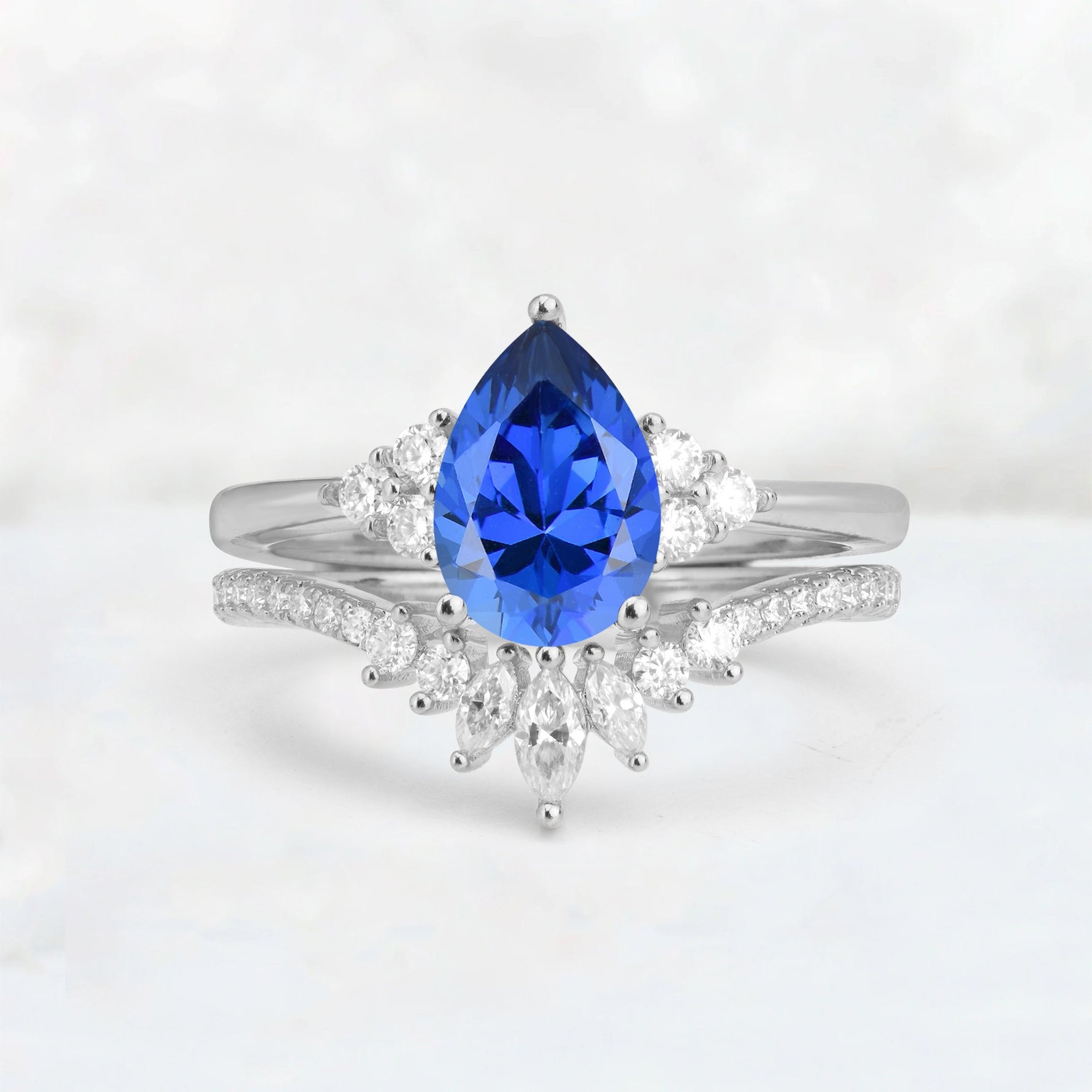 Pear Cut Sapphire Floral Chevron Bridal Ring Set - Additional view