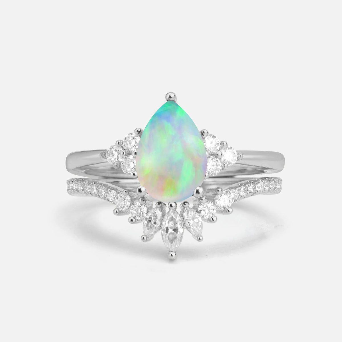 Pear Cut Fire Opal Floral Chevron Bridal Ring Set - Additional view