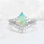 Pear Cut Fire Opal Floral Chevron Bridal Ring Set - Additional view