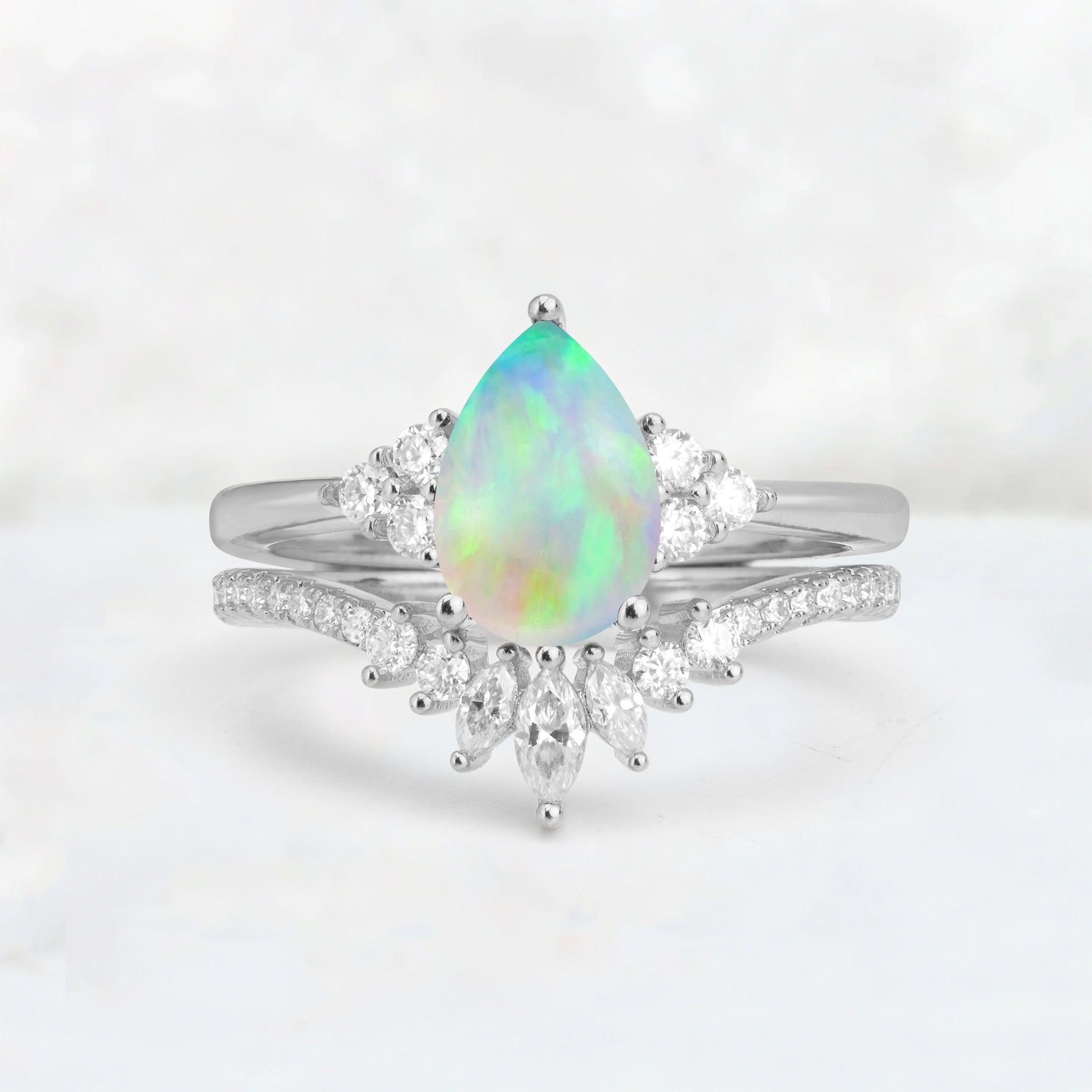 Pear Cut Fire Opal Floral Chevron Bridal Ring Set - Additional view