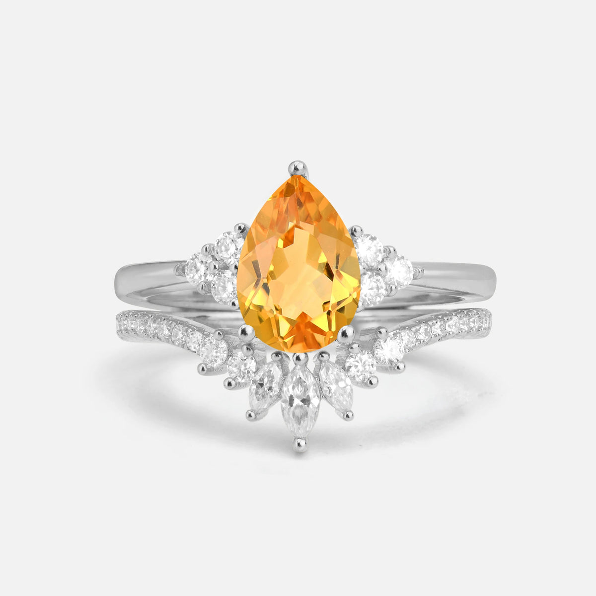 Pear Cut Citrine Floral Chevron Bridal Ring Set - Additional view