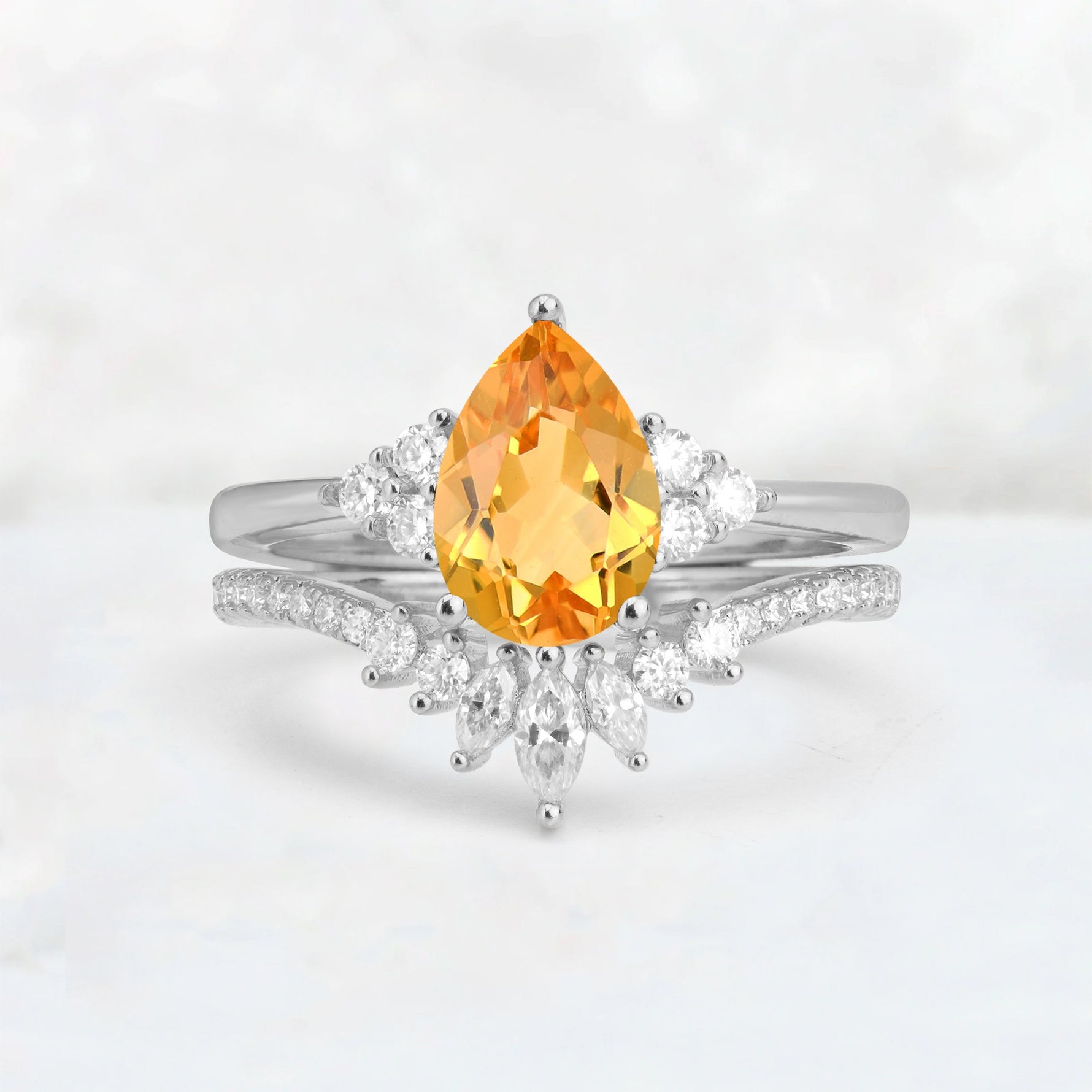 Pear Cut Citrine Floral Chevron Bridal Ring Set - Additional view