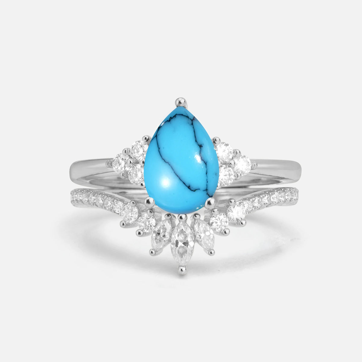 Pear Cut Turquoise Floral Chevron Bridal Ring Set - Additional view
