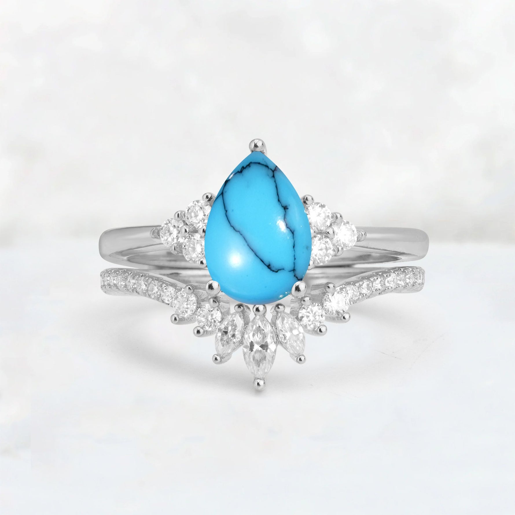 Pear Cut Turquoise Floral Chevron Bridal Ring Set - Additional view